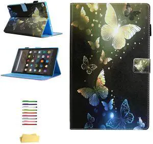 UUcover 8" Kindle Fire HD 8 Wallet Case 8th/7th/6th/5th Gen, Stand PU Leather [Auto Sleep/Wake] Folio Cover with Card Pencil Holder for Amazon Fire HD 8 Tablet 2018/2017/2016/2015,Gold Blue Butterfly