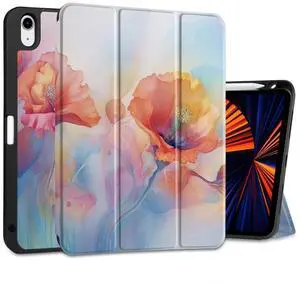 MEEgoodo Case for iPad Air 11 inch (M3) 2025/ (M2) 2024, Cover for iPad Air 5th Generation/iPad Air 4th Generation 10.9 inch 2022 2020, Tablet Cases with Pencil Holder, Field Rainbow Poppies