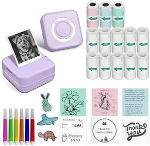 Aptika Mini Thermal Printer with 14 Rolls Sticky Papers, Wireless Bluetooth Photo Printer, Portable Label Maker Machine with Tape, Small Compact Picture Maker for Student Kid, Purple