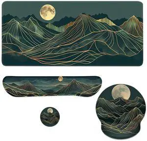 Full Moon Mouse Pad Set Golden Line Art Mountain Landscape Gaming Mousepad 4in1 Desk Mat for Desktop Anti-Slip XXL Big Computer Ergonomic Mousepad with Wrist Support for Keyboard and Mouse