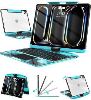 Auupgo Wireless Keyboard Case for iPad Pro 13" (M5/M4, 2025/2024), Transparent Protective Cover with 7-Color Backlit Keyboard, 360° Rotating Stand, Multi-Touch Trackpad and Pencil Holder, Blue