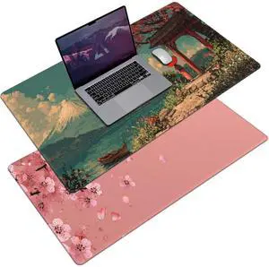 AQQA Pink Japanese Desk Mat with Stitched Edges,31.5" x 15.7" Large Dual-Sided Cherry Blossom Mousepad for Women,Mouse Pad Protector with Waterproof for Laptop Office Accessories