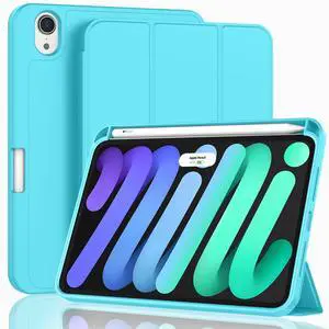 ZryXal for iPad mini 7 Case A17 Pro 2024/iPad Mini 6 Case 2021 8.3 Inch with Pencil Holder, iPad mini 7th/6th Generation Case with Soft TPU Back and Auto Sleep/Wake, Cyan