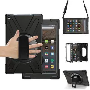 AOOCSHEY for Amazon Kindle Fire HD 10 Case 9th 8th 7th Generation 2019/2018/2017, Heavy Duty Shockproof Rugged Multi-Angle Kids Protective Cover with Rotating Stand Hand Strap Shoulder Strap, Black