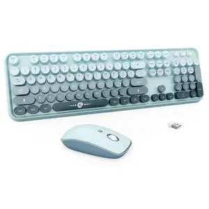 Wireless Keyboard and Mouse Combo - Cute Colorful Keyboard and Mouse, Retro Typewriter Keyboard with 2.4GHz Plug & Play, for Windows 11/10/7, Laptop, PC (Blue Wireless Keyboard and Mouse)
