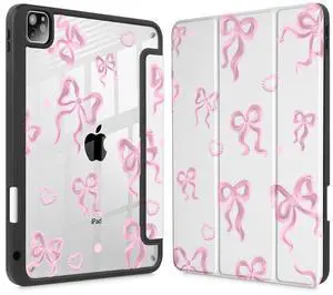 May Chen for iPad Pro 12.9 Case (2022 2021 2020, 6th/5th/4th Gen), [ Built Pencil Holder 2 Support ] Ultra Thin Clear Back Shell with Trifold Support Auto Wake/Sleep, Heart Bow