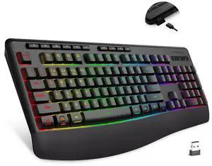Wireless Bluethooth RGB Backlit Rechargeable Keyboard,Ergonomic Wrist Rest,Silent Touch Less Noise 90%,Full Size With Number Pad,Tri-mode BT5.0/2.4GHz/USB C Wired,For Win/Mac/PC Computer/Laptop/Office