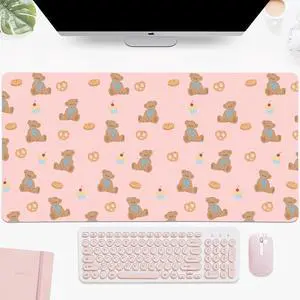 Idocolors Cute Bread Bear Desk Mat, Pink Extended Gaming Keyboard Mouse Pad, Large Cute Kawaii Women Office Desk Cover Mat Protector 31.5"x15.7"
