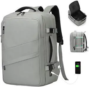 SUIKIHUM Travel Carry on Backpack, 18.9" Flight Approved, Expandable Weekender Bag with Waterproof USB A/C Port, Equivalent to 18" Suitcase, Gray