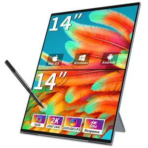 Magedok Dual Monitor 14 Inch 2K OLED,Portable Touch Monitor for Laptop Extender| 2K |100% DCI P3|Plug-Play|Stand- VESA| |Slim-Frameless| Computer Triple Display Laptop PC Windows Mac