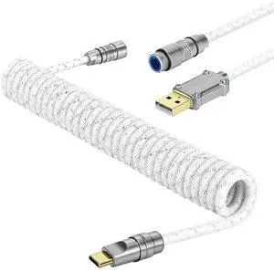 Yindiao MANBASNAKE C05 Custom Coiled Cable,Double-Sleeved Aviator Cable with CNC Copper,USB C to USB A Cable with Detachable Aviator Connector for Mechanical Gaming Keyboards/PC/Phone 5.2ft-White