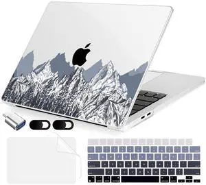 MecBevia Compatible with MacBook Air 13.6 inch Case, M4 A3240/M3 A3113/M2 A2681 (Released 2025 to 2022), Hard Shell, Keyboard Cover, Screen Protector, Webcam Cover & Type-C Adapter, Mountain Sketch