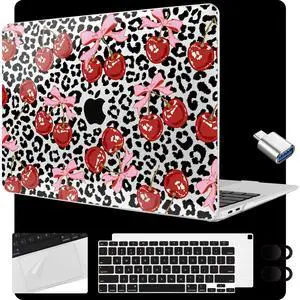 MEEgoodo for MacBook Air 13.3 inch Case 2021 2020 2019 2018 A2337 M1 A2179 A1932, Laptop Shell for MacBook Air M1 with Keyboard Webcam Cover & Trackpad Film & Type C Adapter,Leopard & Cherry