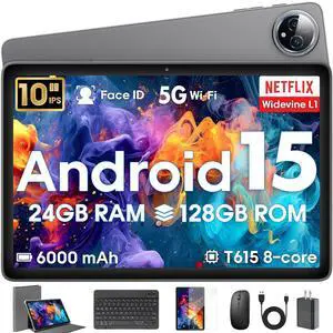 Android 15 Tablet 10 inch,24GB RAM 128 ROM,Tablets with Keyboard Case Mouse Stylus,1TB Expandable,Octa-Core 6000mAh 1280x800 IPS HD,5G WiFi,T615 CPU,High Performance,Processor,Dual Camera(Gray)