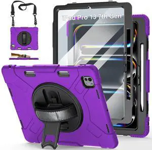 Case for iPad Pro 13 Inch M5 2025/ M4 2024: Military Grade Cover for iPad Pro 13" with Screen Protector - Stand - Handle - Shoulder Strap - Pencil Holder- Purple