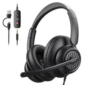EKSA H8 USB Headset with Microphone for Work, Stereo Wired Computer Headphones with Mic Noise Cancelling, in Line Controls, 3.5mm Jack USB-C/A Over-Ear Headset for PC Laptop Office Call Center Teams