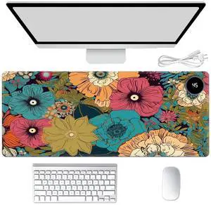 Heated Mouse Pad Hand Warmer, Warm Desk Pad Mousepad Desk Mat with 3 Levels Heating and 3 Hours Auto Shut Down 31.5 x 13 inch PU Leather Warmer Keyboard Mat for Gaming Laptop Office Home, Art Flower