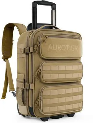 AUROTIER Rolling Tactical Laptop Backpack, 17 Inch Wheeled Military Computer Backpack for Men and Women, Roller Carry on Luggage for Work Travel, Overnight Molle Outdoor Hiking Bag with Wheels, Khaki