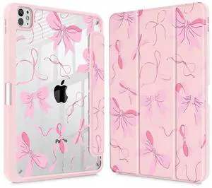May Chen Case for iPad Pro 13-inch 2024 7th Generation M4 Chip, [Built Pencil Holder Supports Pencil 2/USB-C] Ultra Thin Clear Back Shell with Trifold Stand Support Auto Wake/Sleep, Pink Bows 13