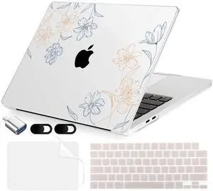 MecBevia Compatible with MacBook Air 13.6 inch Case, M4 A3240/M3 A3113/M2 A2681 (Released 2025 to 2022), Hard Shell, Keyboard Cover, Screen Protector, Webcam Cover & Type-C Adapter, Engraved Floral