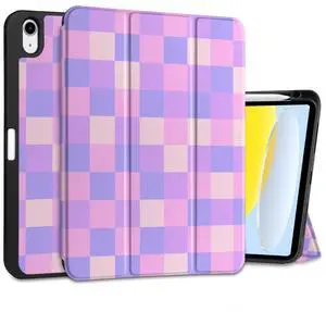 MEEgoodo Case for iPad A16 11th Generation 11 inch 2025/iPad 10th Generation 10.9 inch 2022, Tablet Cover with Trifold Stand + Pencil Holder + Auto Wake/Sleep + TPU Back Cover, Colorful Square Pattern