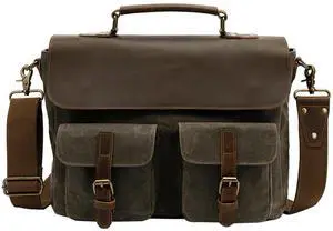 PAHVRION Mens Messenger Bag 15.6" Waxed Canvas Laptop Bag - Vintage Briefcase with Leather Accents,Unisex Office Crossbody Bag