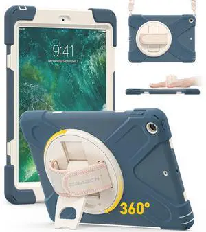 BRAECN Kids Case for iPad 6th 5th Gen 9.7 Inch 2018/2017, Rugged Shockproof Case Cover with Shoulder Strap, Hand Strap, Kickstand for Apple iPad 9.7 Inch 2018/2017 6th 5th Generation- Cornflower Blue