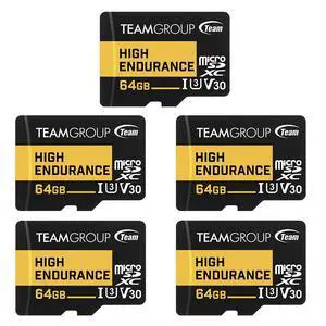 TEAMGROUP HIGH Endurance 64GB x 5 Pack Micro SDXC UHS-I U3 V30 4K 100MB/s (Designed for Monitoring) Stable Durable Long Lasting Flash Memory Card, Support 4K & Full HD Video Recording THUSDX64GIV3068