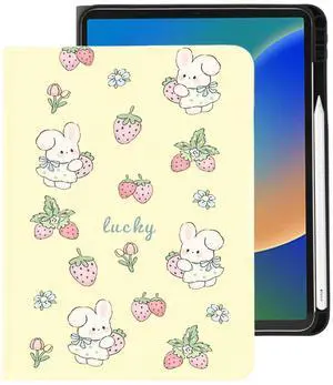 Cute Kawaii Bunny Strawberry for iPad (A16) Case 11th/10th Generation 11''/10.9'' 2025/2022 with Pencil Holder, Auto Sleep/Wake and Multiple Viewing Angles, Yellow Leather Soft TPU Back Cover