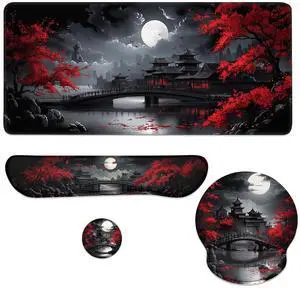 Japanese Ink Mouse Pad Set Red Maple Moonlight Temple Scenery Gaming Mousepad 4in1 Desk Mat for Desktop Anti-Slip XXL Big Computer Ergonomic Mousepad with Wrist Support for Keyboard and Mouse