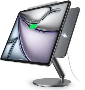 LULULOOK [Upgrade Magnetic Wireless Charging Stand for iPad Pro 12.9 3rd/4th/5th/6th, Foldable Aluminum Alloy Desk Arm Mount with 360° Rotating Base for iPad Air 13" M3 (2025)/M2, Cable Included