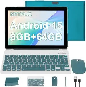 CUPEISI Android 15 Tablet 10.1 Inch 2 in 1 Tablets with Keyboard/Mouse/Case/Stylus, 8GB RAM+64GB ROM (Max 1TB), 1.8Ghz Quad-core Processor, 1280 * 800 IPS HD Touch Screen, 2.4G/5G Wifi6 BT 5.0 Tablet