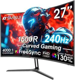 SANSUI 27 Inch Curved 240Hz Gaming Monitor FHD 1080P, 1500R Curve Computer Monitor, 130% sRGB, 4000:1 Contrast, HDR, FreeSync, MPRT 1Ms, Low Blue Light, HDMI DP Ports, Metal Stand, DP Cable Incl. SANSUI 27 Inch Curved 240Hz Gaming Monitor FHD 1080P, 1500R Curve Computer Monitor, 130% sRGB, 4000:1 Contrast, HDR, FreeSync, MPRT 1Ms, Low Blue Light, HDMI DP Ports, Metal Stand, DP Cable Incl.