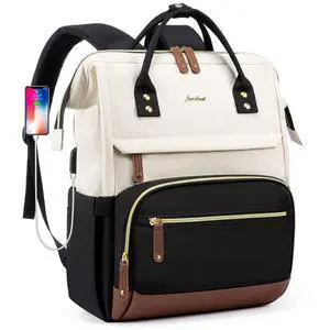 Focdod Laptop Backpack for Womem Work Bags: 18 Inch Anti Theft FashionTravel BackPacks With USB Charging Port Durable Back Pack Purse Bussiness Daypack for Nurse Teacher Beige Black Brown