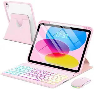EAMPANG Case with Keyboard Mouse for iPad A16 11th 10th Generation 11/10.9 inch,Rainbow Backlit Detachable Keypad Rotatable Magnetic Cover with Pencil Holder for iPad 11 2025 10 Gen 2022 Pink