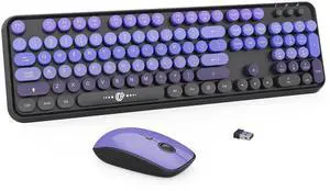 FOPETT Wireless Keyboard and Mouse Combo - 2.4G Full-Sized Cute Colorful Mouse and Keyboard with 104 Round Keys Retro Typewriter Keyboard for Laptop/Windows/PC - Black Purple