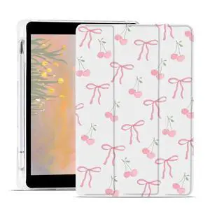 JOYLAND Cute Cherry Bowknot Case for iPad mini 7 (A17 Pro) 2024/iPad Mini 6 2021 8.3 Inch with Pencil Holder Lovely Bow Preppy White Girly Cover Auto Wake/Sleep Foldable Shockproof Case