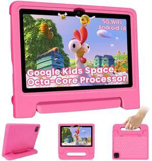 Iconiotk Kids Tablet 10.1 inch Android 14 Octa-Core 64GB 6000mAh Kids Space Parental Control 1280 * 800 HD Touchscreen Shockproof Case Dual Camera Gift for Toddler Children (Pink)