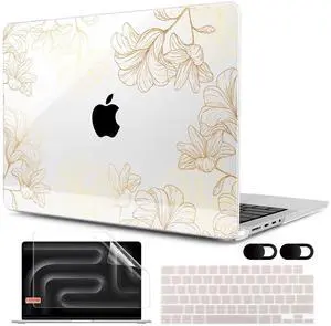 MEEgoodo Case for MacBook Pro 14 inch (M5/M4/M3/M2/M1) 2025 2024 2023 2021, Case Fit Model A3434/A3112/A3401/A3185/A2918/A2992/A2779/A2442 Pro/Max, Drawn Golden Floral