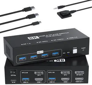 8K@60Hz HDMI Displayport KVM Switch 2 Monitors 2 Computers, 4K@120Hz USB3.0 Dual Monitor HDMI KVM Switches Display Port for 2 Computers Share 2 Screens and 4 USB Devices for Keybord Mouse Printer
