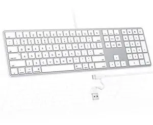 OMOTON Wired Keyboard for Mac/MacBook/iMac, with Dual Interface(Type-C and USB A) Full Size Keyboard, Silver White
