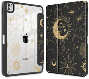 Tuiklol for iPad Pro 11 Inch (M5 2025 / M4 2024) Case, Buit-in Pencil Holder with Slim Clear Back Cover Protection Trifold Stand-Auto Wake/Sleep Tablet Case, Black Flower Moon & Star