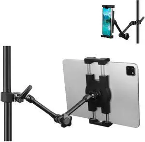 Mippko iPad Holder for Microphone Stand/Mic Music Stand,Tablet Mount Compatible with 4.7~12.9" / Nexus/LG G Pads/e-Reader/Switch/iPhone,360° Adjustable 10" Long Aluminum Alloy Arm