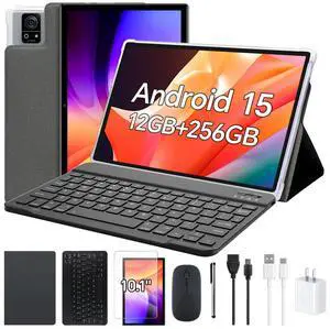 FEEDOGEE Android Tablet, 10 inch IPS Touchscreen with Case, Android 15 with Octa-core Processor, 12GB RAM 256GB ROM Android Tablet with Keyboard, 8000mAh Battery, 5MP+13MP Dual Camera, 5G WiFi, Gray