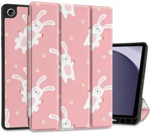 MEEgoodo Case for Samsung Galaxy Tab A9 Plus 11 inch Cover 2024 2023 with S Pen Holder, A9+ Smart Tablet Cases with Leather Trifold Stand+Soft TPU Back Shell+Smart Auto Wake/Sleep,Bunnies Jumping Rope