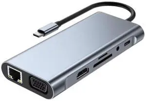 HCUSR Docking Station 11 in 1 Type-C to HDMI USB C Multiport Adapter with 4xUSB, RJ45 100MB, VGA, 4K 30Hz, TF/SD Card, 3.5mm Audio, PD 100W USB Hub Splitter Adapter for PC Laptop