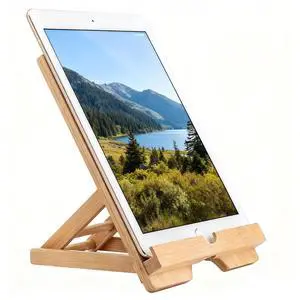 SummitRush Adjustable Folding Bamboo Tablet & Phone Stand with Charge Port - Ideal for Desk, Cooking, and Relaxing