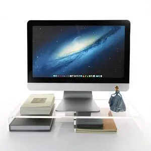 AIMOLLY 20" Crystal Clear Acrylic Monitor Stand Riser - Fits iMac/Printer/TV, Ergonomic 3" Elevation w/Hidden Keyboard Storage, Sleek Desk Organizer for Home Office