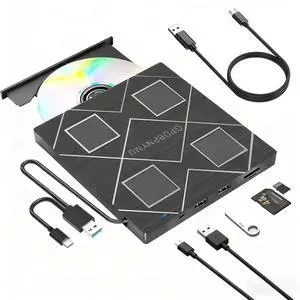 GODBPNYMU USB 3.0 & Type-C Portable CD/DVD RW Burner, 5-in-1 External DVD Drive with SD/TF Card Reader & 2 USB Ports, Compatible with Laptop PC Desktop, Windows Linux Mac OS