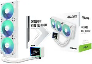 ASRock Challenger White 360 Digital All-in-One Liquid CPU Cooler, 3-Inch Smart Display, 360mm Radiator, 3-Phase Pump, ARGB, 6-Year Warranty ASRock Challenger White 360 Digital All-in-One Liquid CPU Cooler, 3-Inch Smart Display, 360mm Radiator, 3-Phase Pump, ARGB, 6-Year Warranty